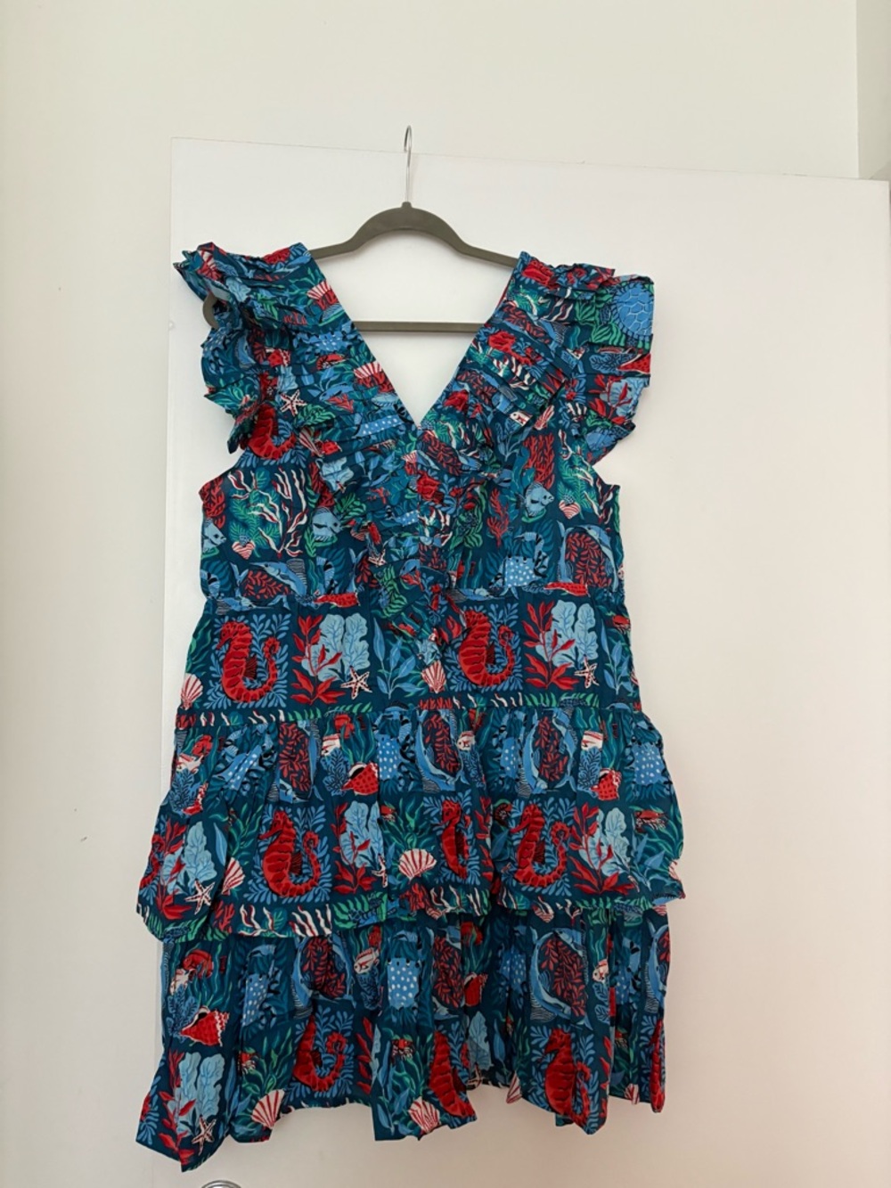 Printfresh Teal Tiered Sea Life Dress with Red Accents